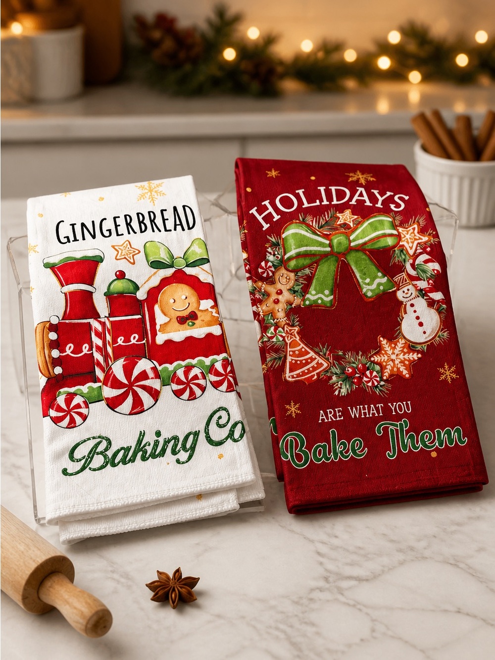 Holiday Gingerbread Baking Kitchen Towels - Red & White